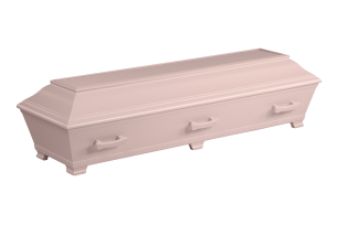 Rosa kista med en fyrkantig form och handtag på sidorna.